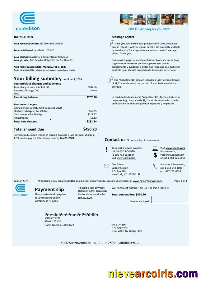 USA Con Edison electricity utility bill